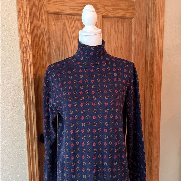 LANDS' END Vintage 80s/90s Geometric Print Mock Neck Midi Dress Made In USA - Picture 2 of 8